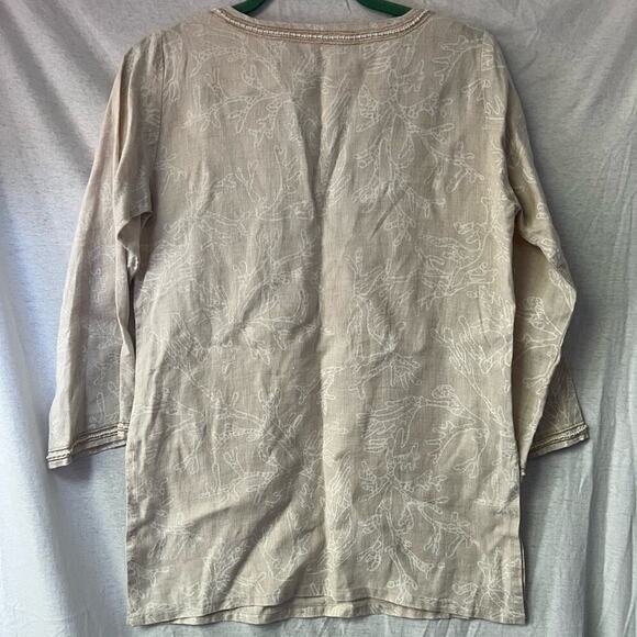 Barbara Gerwit Tan/White Linen Coral Pattern 3/4 Sleeve Tunic Top - Picture 6 of 7